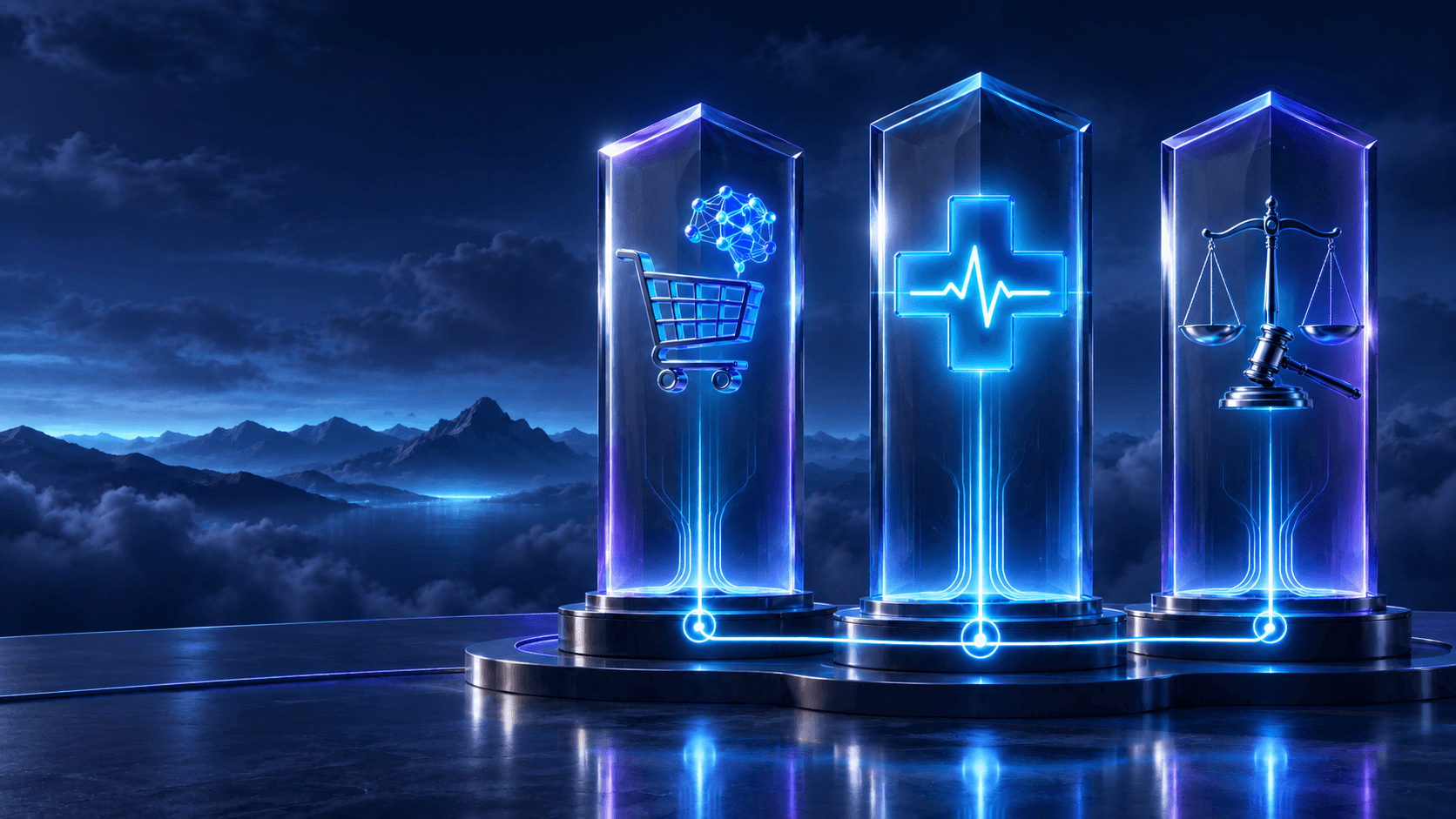 E-commerce, healthcare, and law represented as glowing glass pillars