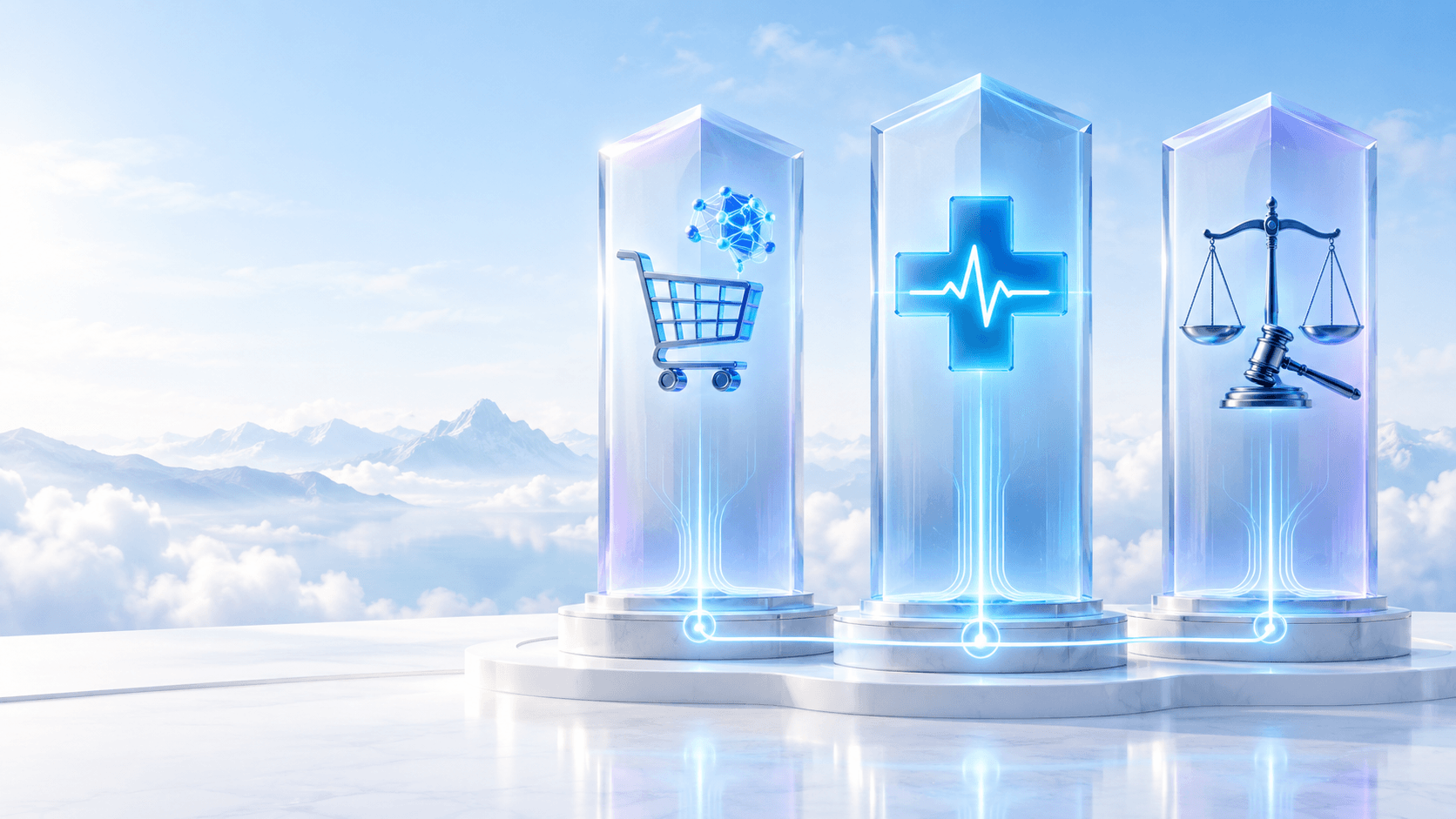 E-commerce, healthcare, and law represented as glowing glass pillars