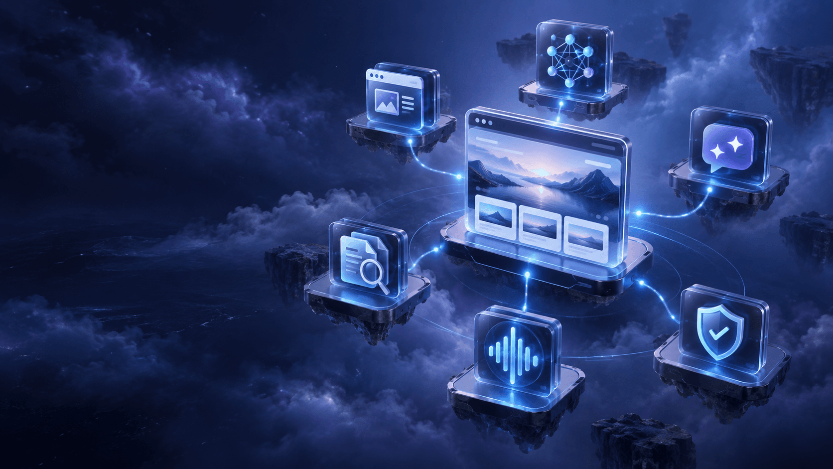 SkyHunter services — websites, AI agents, LLM apps, RAG & search, voice agents, and evals, floating as glass tiles in a night sky