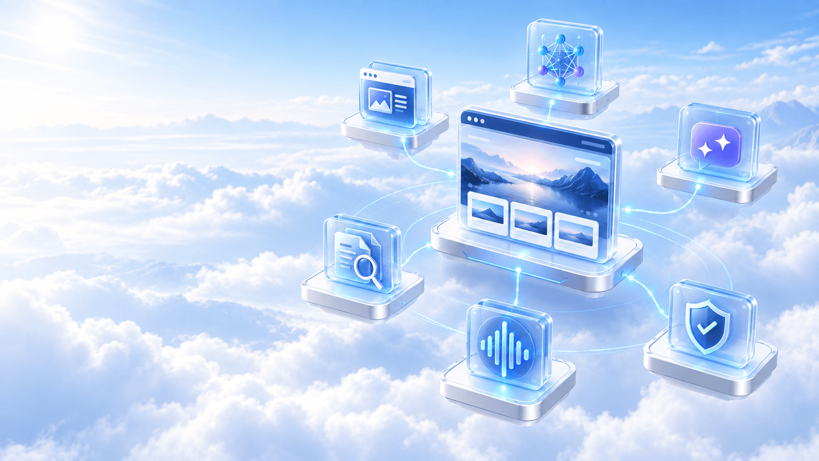 SkyHunter services — websites, AI agents, LLM apps, RAG & search, voice agents, and evals, floating as glass tiles above the clouds
